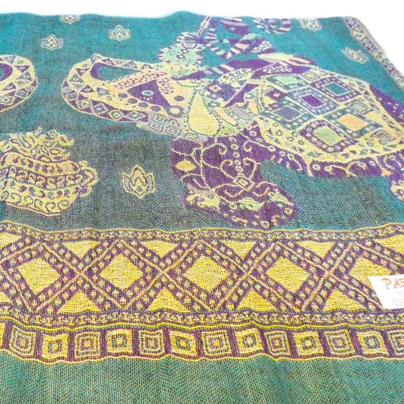 Silk Cashmere Scarf Teal Purple Pashmina Thailand Gold Embossed Elephant Luck NW - Picture 5 of 6